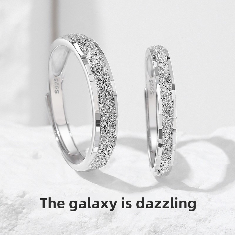 Korean-style sterling silver couple rings, featuring a starry sky design, with a luxurious and sophisticated matte finish, a simple band design, adjustable opening, and a trendy style