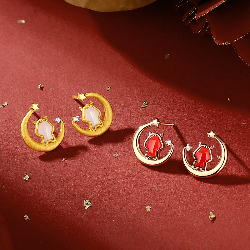 Original Star-Moon Cute Horse Hetian Jade Ancient Style Gold Earrings for Women, Pure Silver, Chinese Trend, New Chinese Style, Zodiac Year of the Horse Earrings