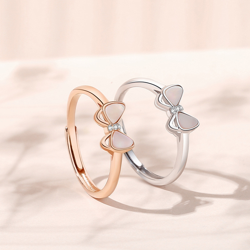 Mother-of-pearl bow ring, 925 sterling silver, unique design, girly style, perfect for best friends, Korean-style open ring for the index finger