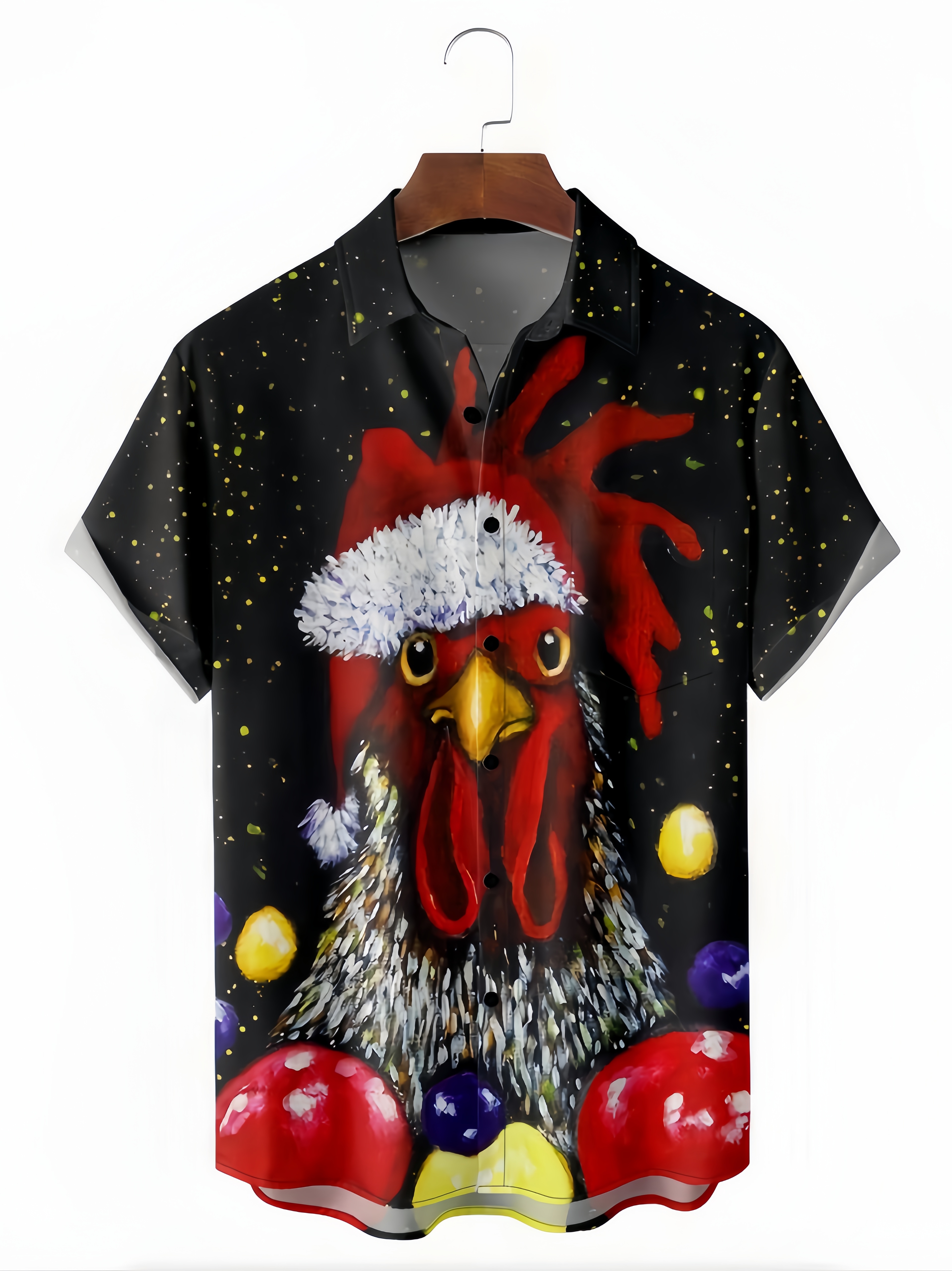 Christmas Rooster Chest Pocket Short Sleeve Casual Shirt