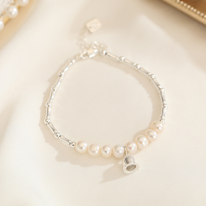 Lily of the Valley Bamboo Link Bracelet for Women, 925 Sterling Silver, Forest Style, French Retro, Versatile Pearl Bracelet, Silver Jewelry