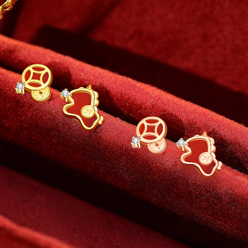 Original design, guaranteed to bring wealth in the Year of the Horse: 925 sterling silver earrings for women, featuring a new Chinese-style unicorn and coin design, perfect for the Year of the Horse