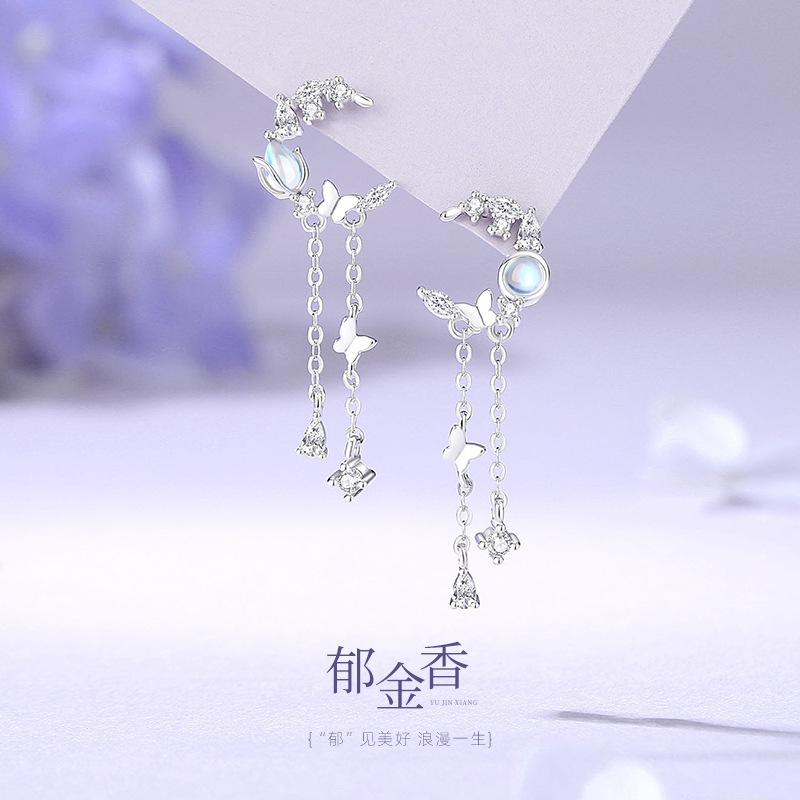 Original Tulip Butterfly Earrings for Women, Korean Style, Fresh and Natural Moonstone Tassel Earrings, Christmas Ear Accessories