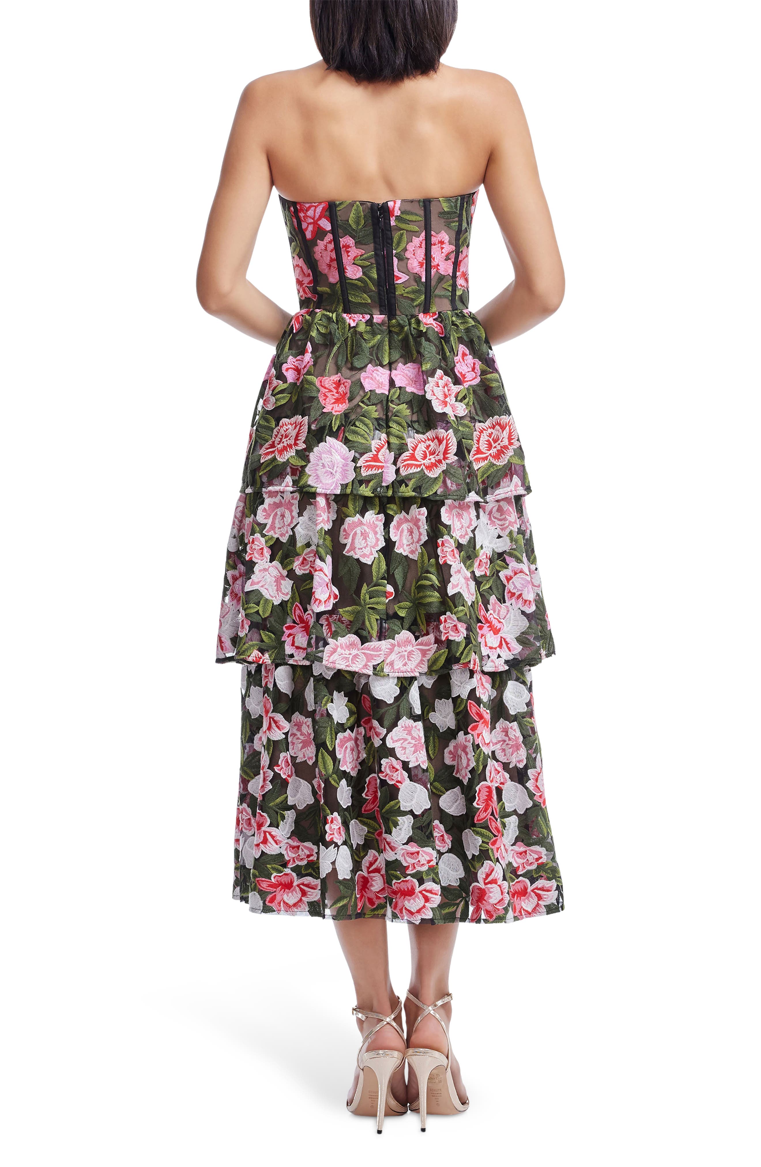Dress the Population Teigan Floral Embroidered Strapless Cocktail Dress