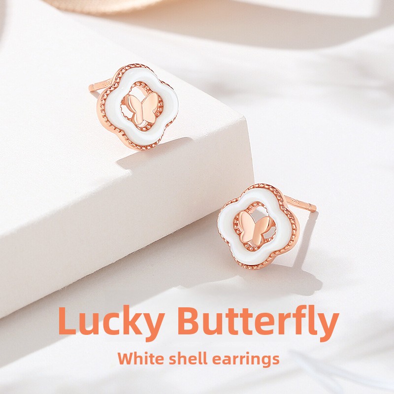 Original four-leaf clover butterfly earrings for women, 925 sterling silver, forest style, light luxury, high-end feel, mother-of-pearl earrings, rose gold ear accessories