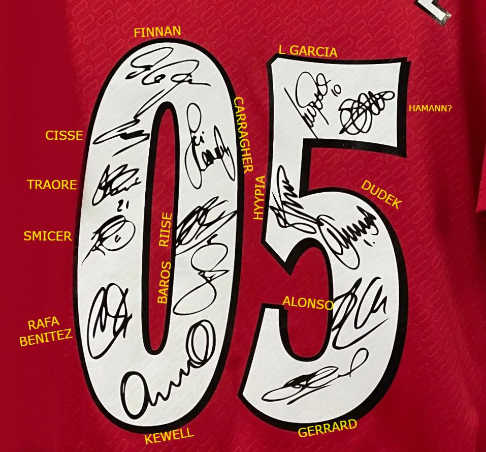 Liverpool FULL 2005 SIGNED Istanbul Squad Signature Jersey/Shirt - COA - 04/05