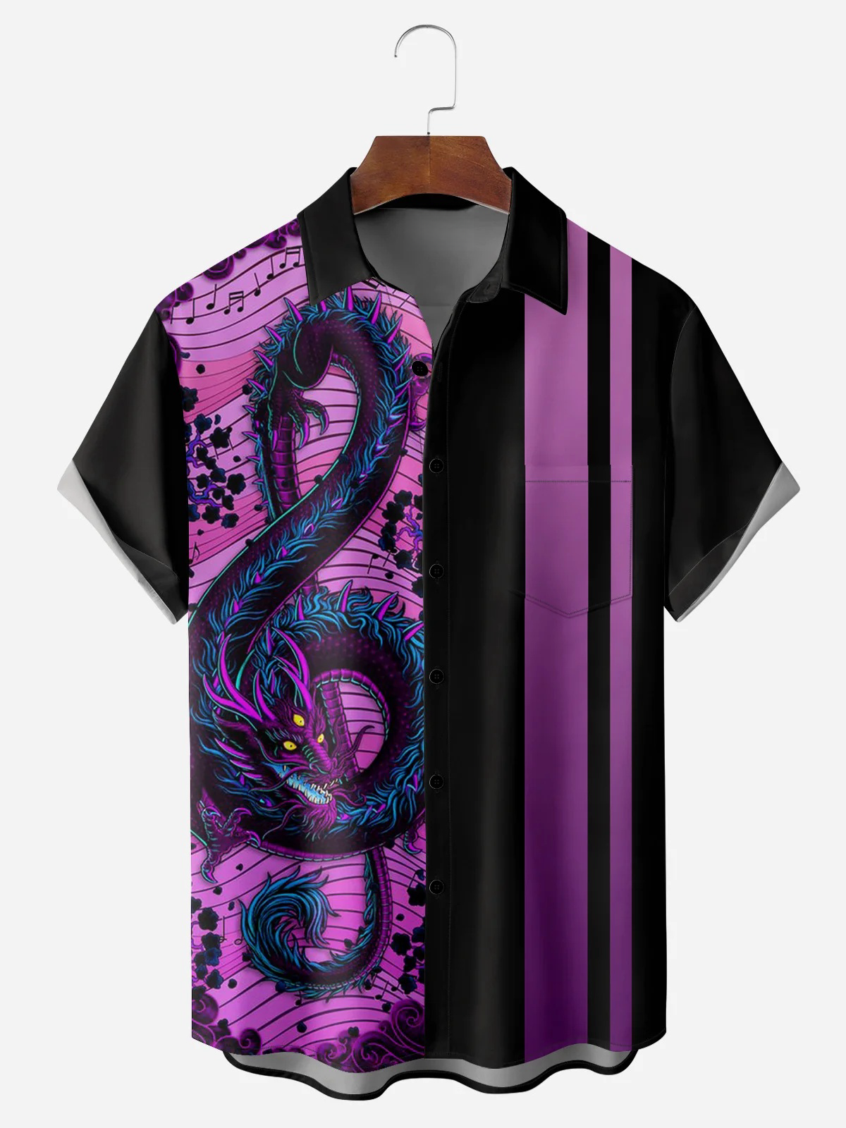 Music Dragon Chest Pocket Short Sleeve Bowling Shirt