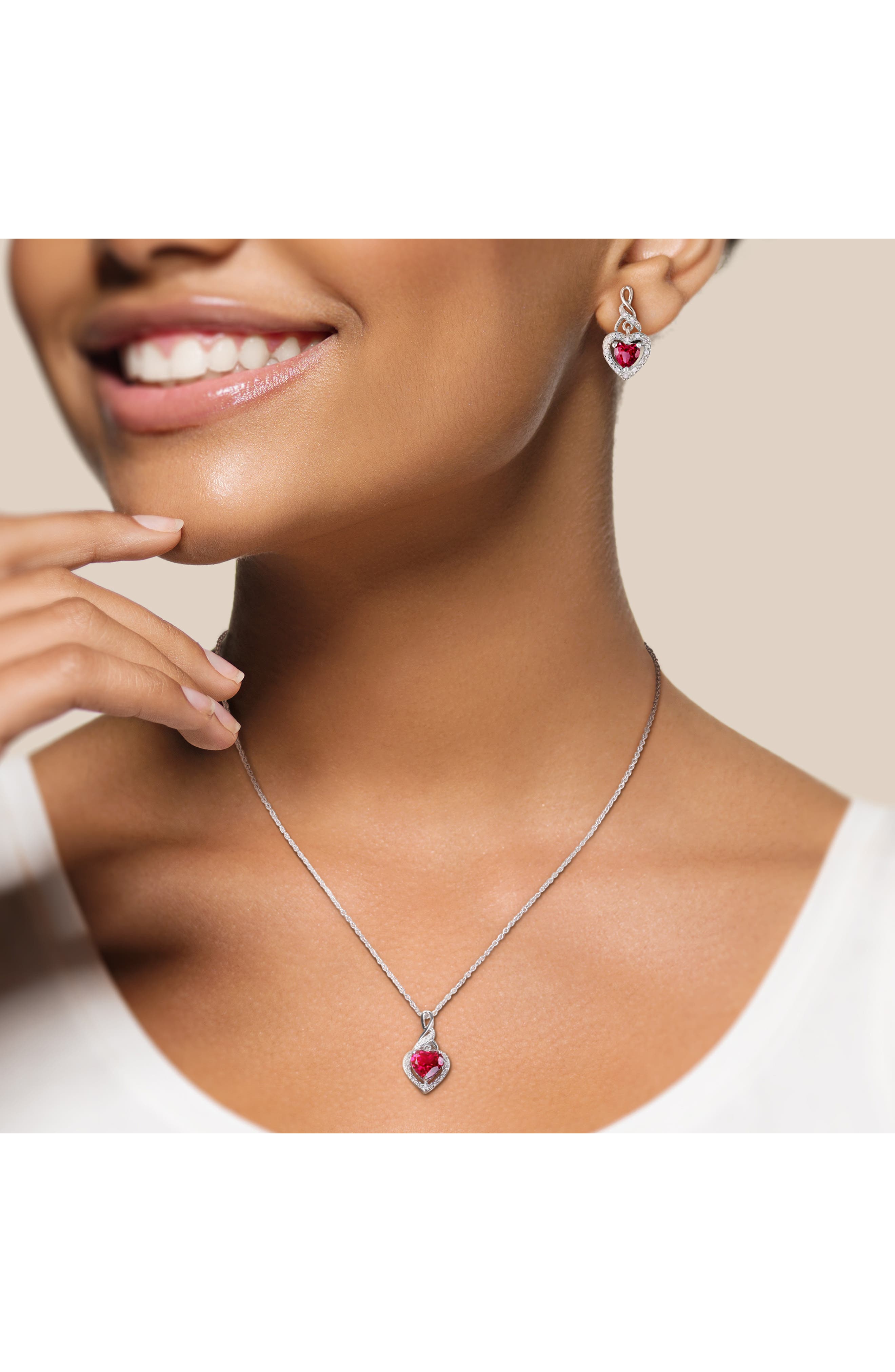 DELMAR Sterling Silver Lab Grown Ruby Heart & Diamond Necklace & Earrings Set