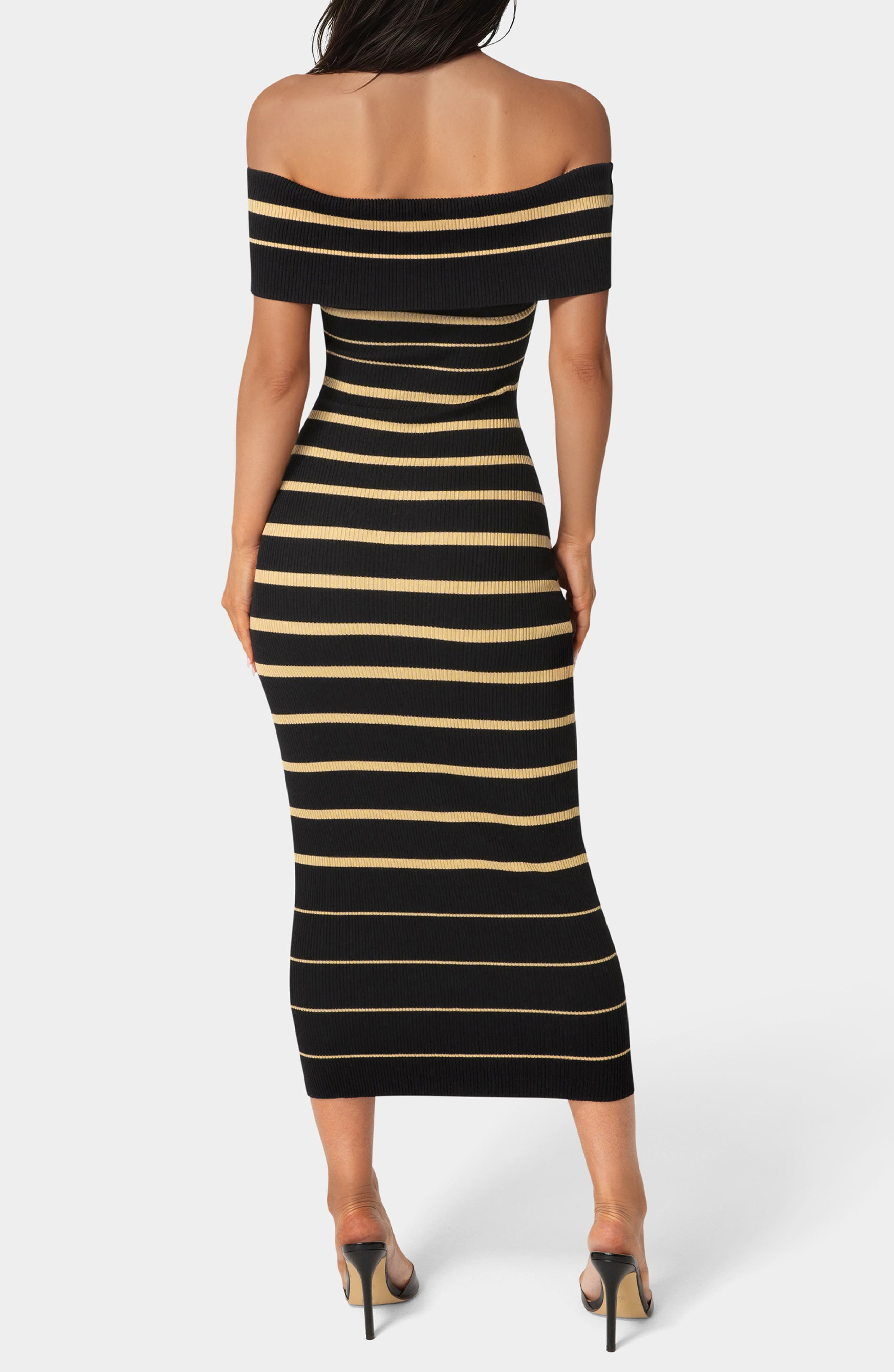 bebe Stripe Off the Shoulder Ribbed Body-Con Dress
