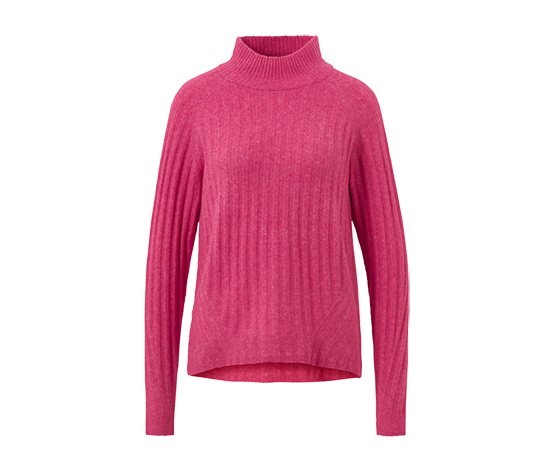Steppmantel mit Kapuze, himbeerrot, Gerippter Strickpullover mit Stehkragen, Stretchhose