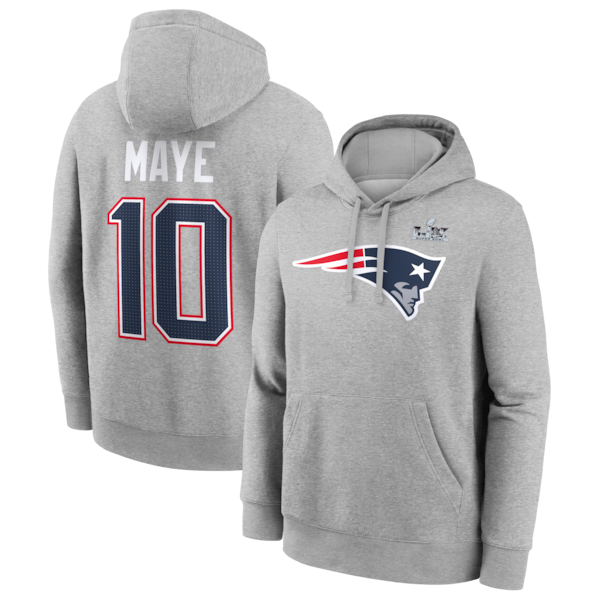 Men's New England Patriots Drake Maye Nike Heather Gray Super Bowl LX Patch Name & Number Hoodie