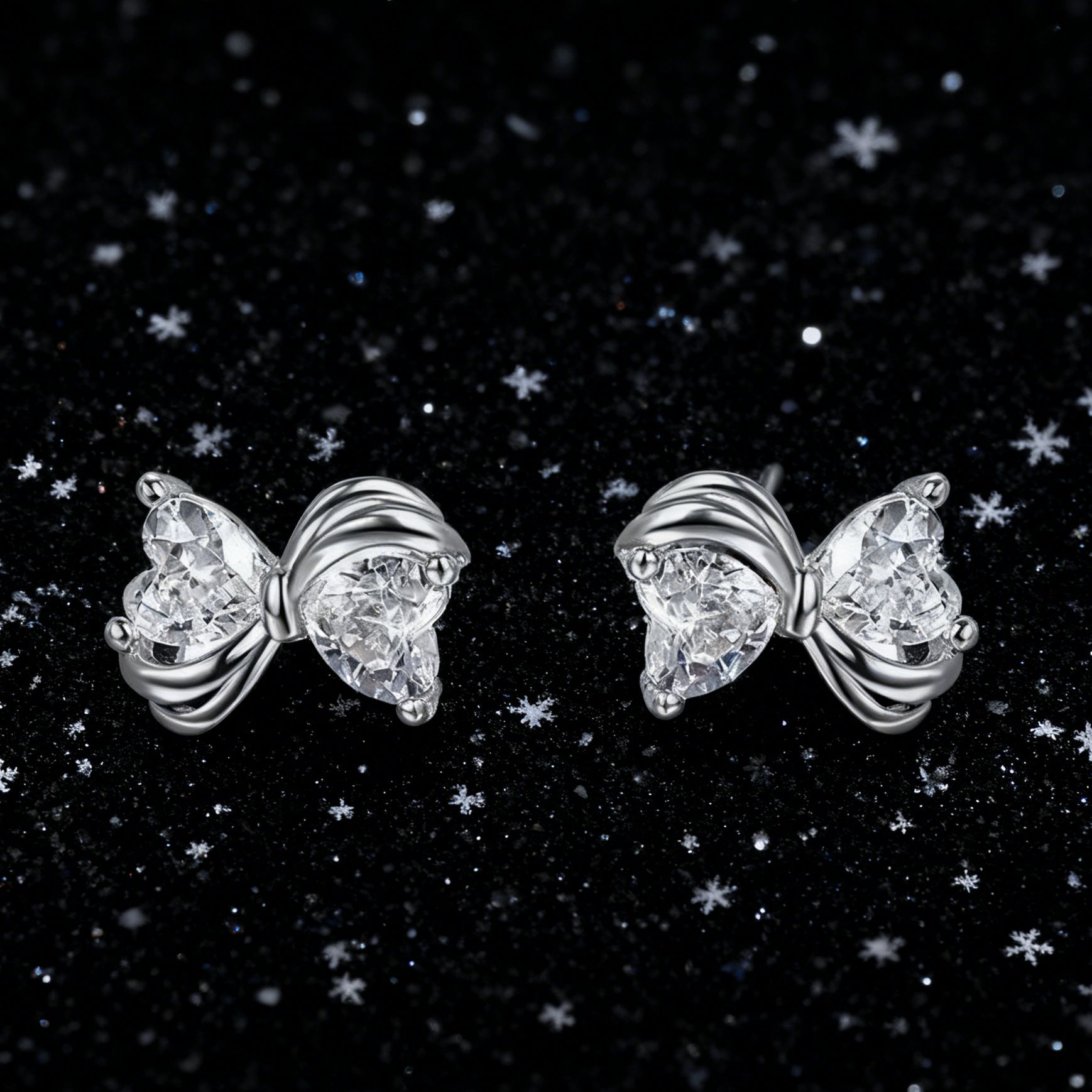 925 sterling silver heart-shaped, sparkling rhinestone butterfly knot earrings, Korean-style, delicate and fresh, perfect for young girls, with a unique and understated design