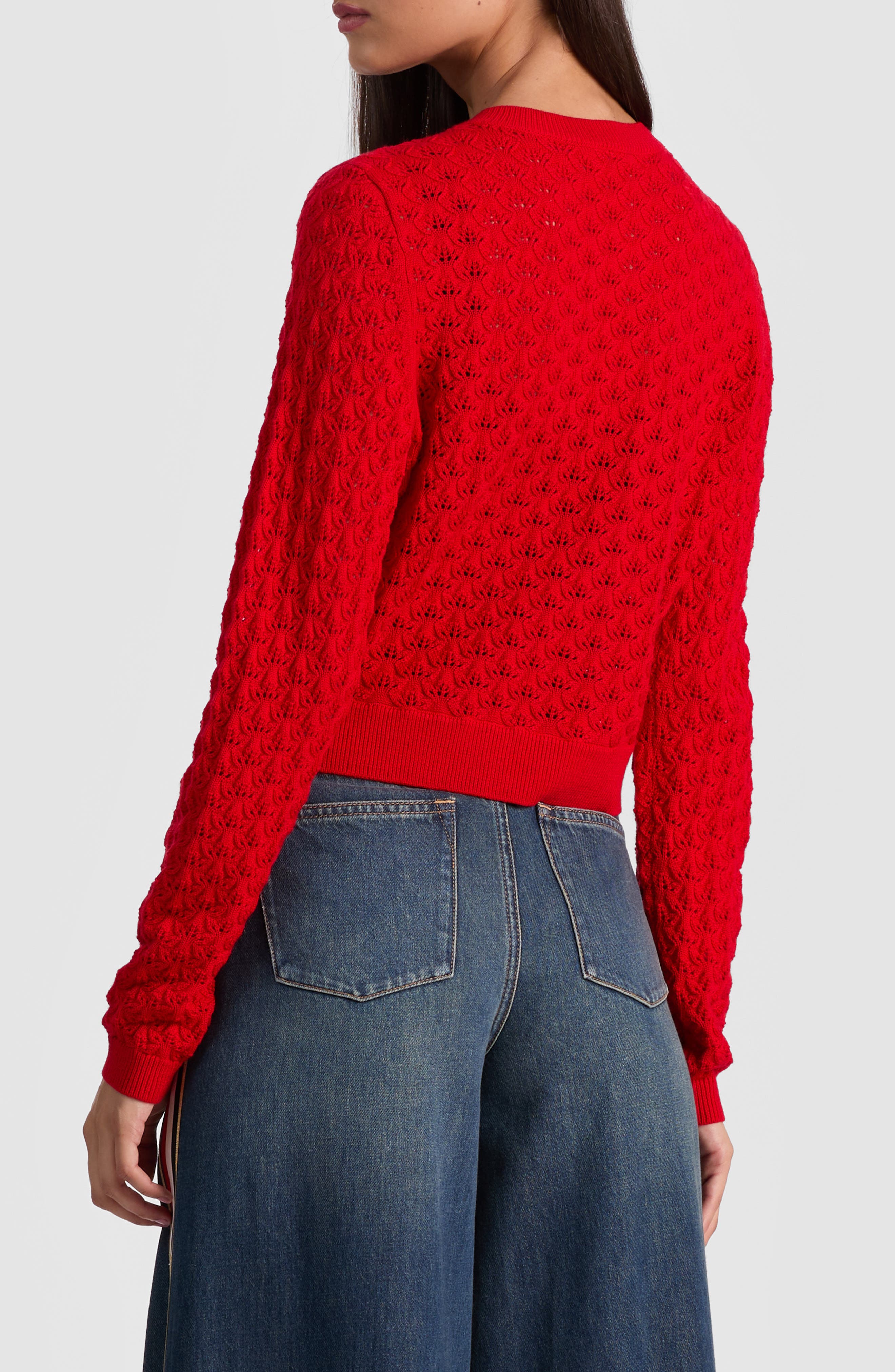 Alice + Olivia Dollie Pointelle Wool Blend Bow Accent Cardigan