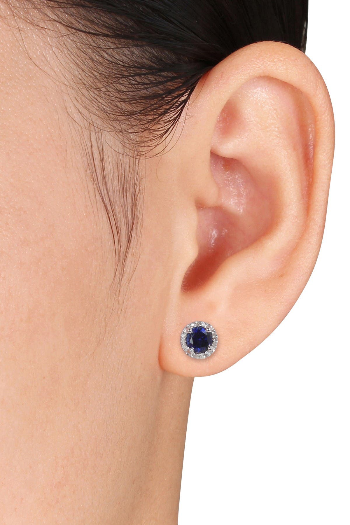 DELMAR Sterling Silver Created Blue Sapphire & Diamond Round Stud Earrings