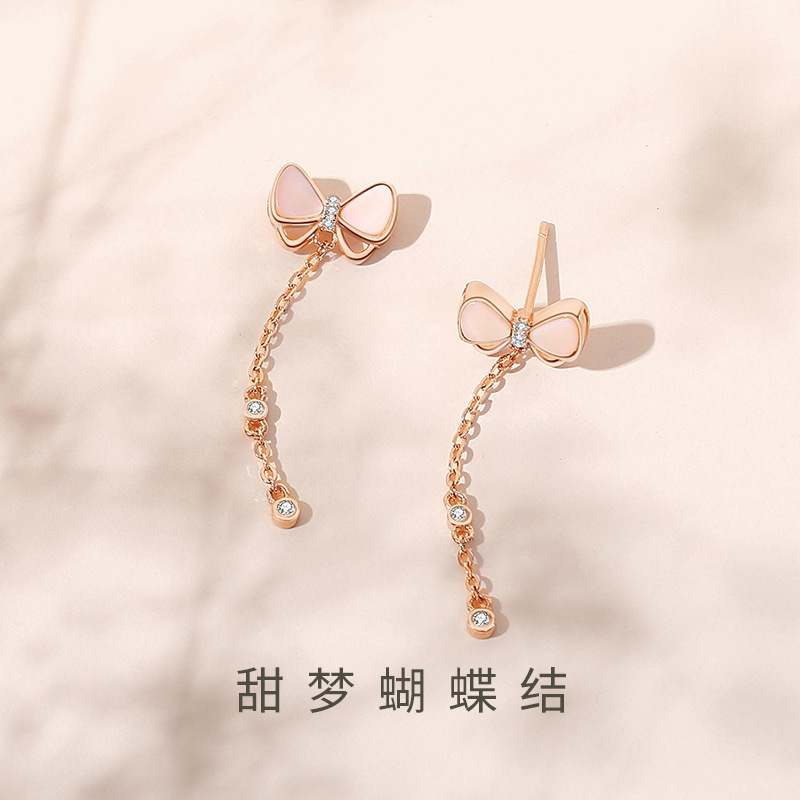 New bow-shaped mother-of-pearl earrings for women, made of pure silver, versatile and fashionable, with a unique personality, popular on Instagram, long tassel earrings