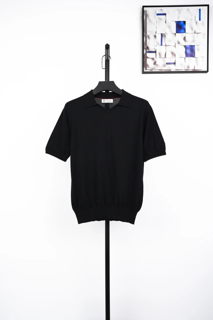 Brunello Cucinelli Black Sea-Gull Collar Cotton Knit Polo Shirt product photo from LabelPicks