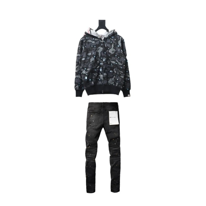 BAPE Space Camo Shark WGM Full-Zip Hoodie Black Glowing X Purple Jeans Black 015