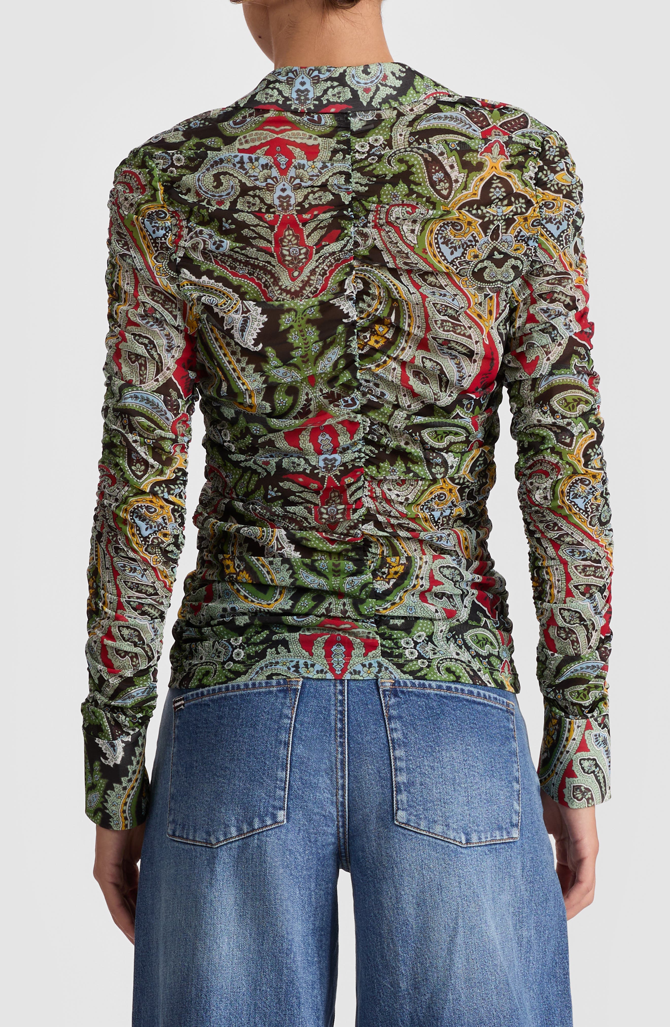 Alice + Olivia Portia Paisley Center Ruched Button-Up Shirt