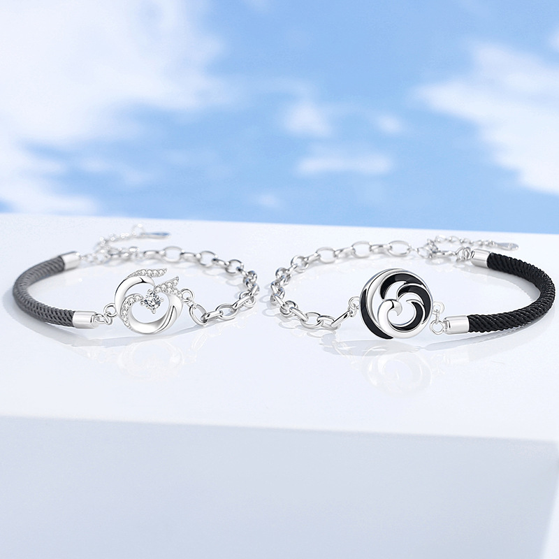 Original Phoenix Chime Couple Bracelet, Pure Silver, a Pair, with a Modern Chinese Design, Geometric Round Ring, Perfect as a Valentine's Day Gift
