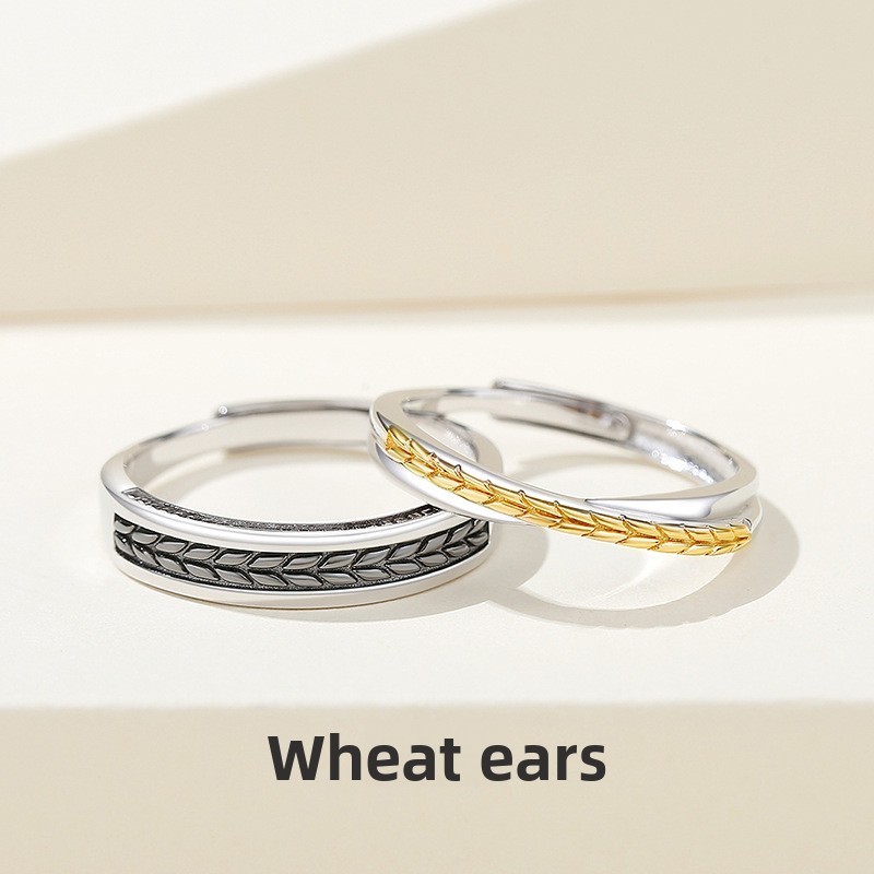 Original 925 sterling silver wheat stalk couple rings, summer forest-themed, rustic and artistic design, lightweight and luxurious, two-tone open ring