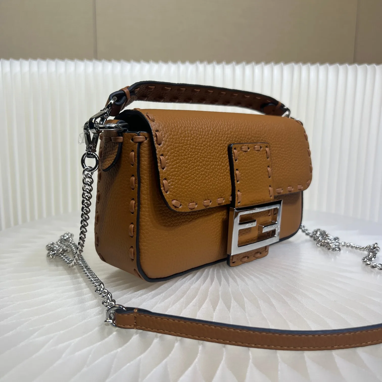 Fendi Brown Baguette Grained Leather Shoulder Bag product photo from LabelPicks