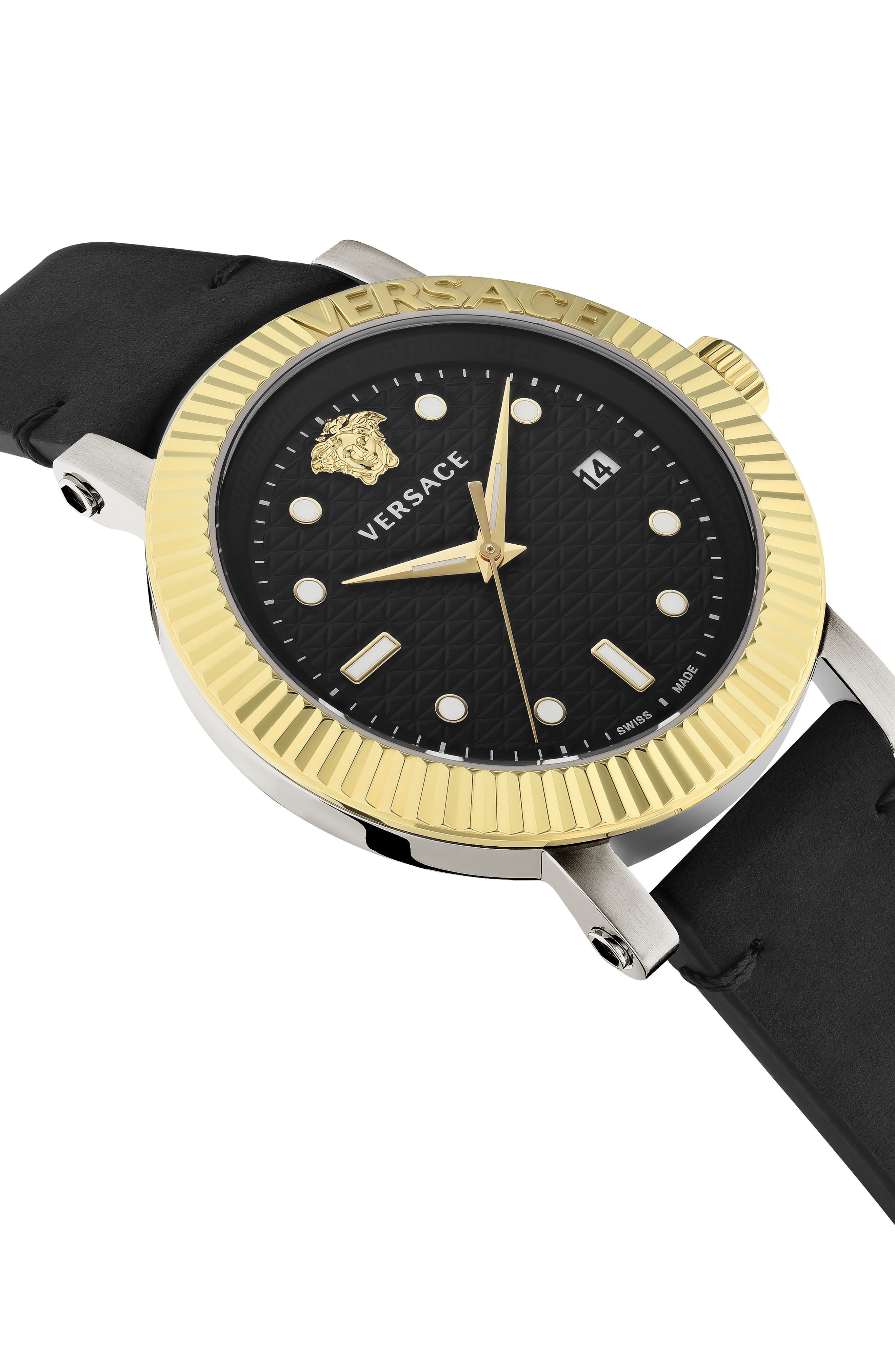 Versace Three-Hand Quartz Leather Strap Watch, 42mm