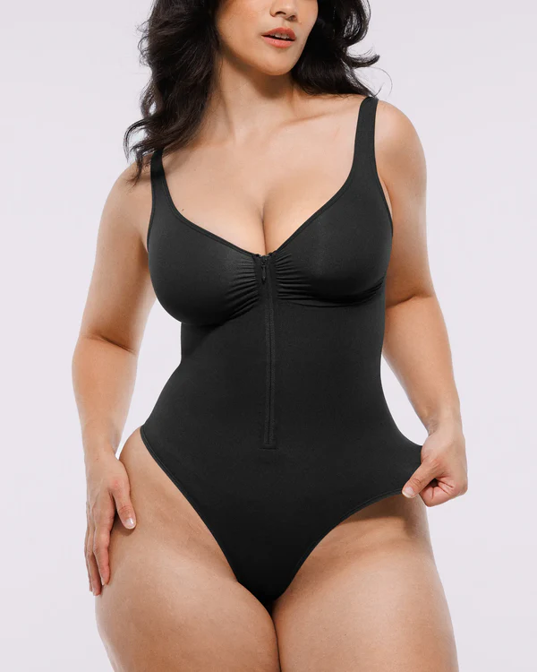 Skin Flow Zipper Front Thong Bodysuit