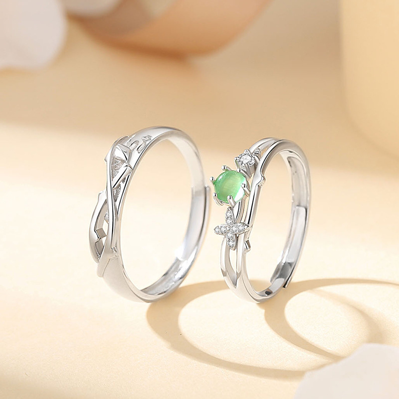 925 sterling silver green light ivy couple rings, ins style, fresh and light luxury, forest-themed, original design