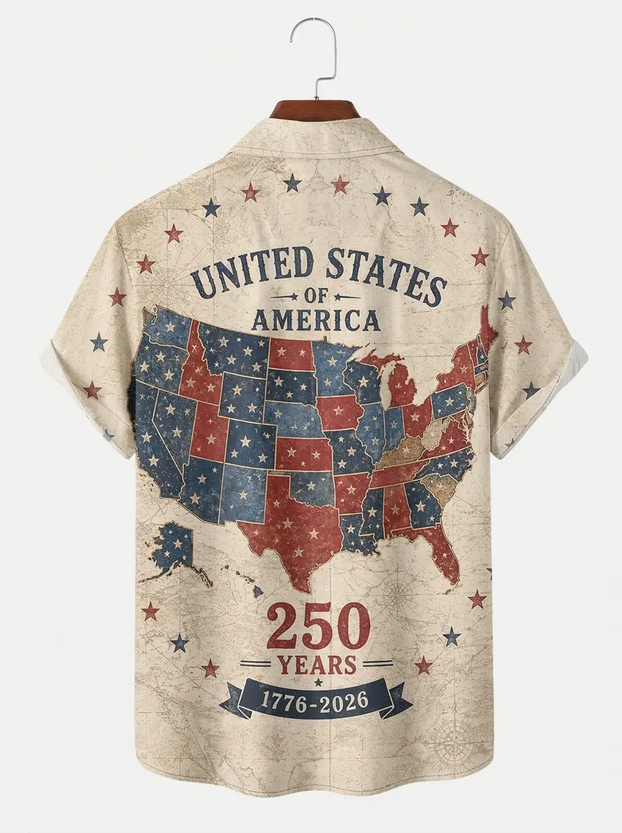 Men's printed shirts, Vintage USA State Map 1776-2026 Aloha Shirt