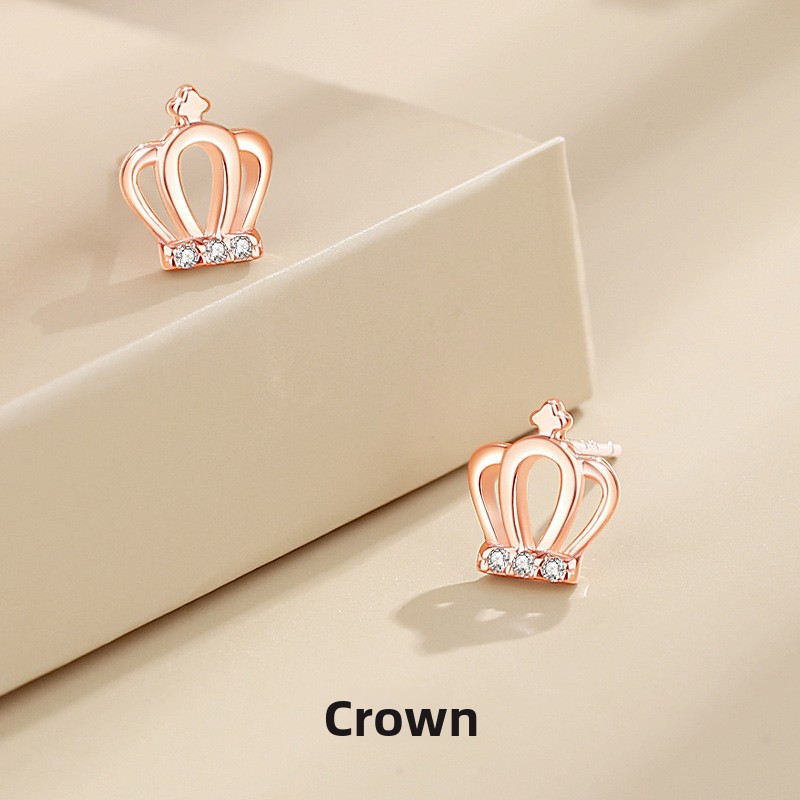 925 sterling silver small crown earrings for women, vintage three-dimensional zircon earrings, elegant and simple small earrings