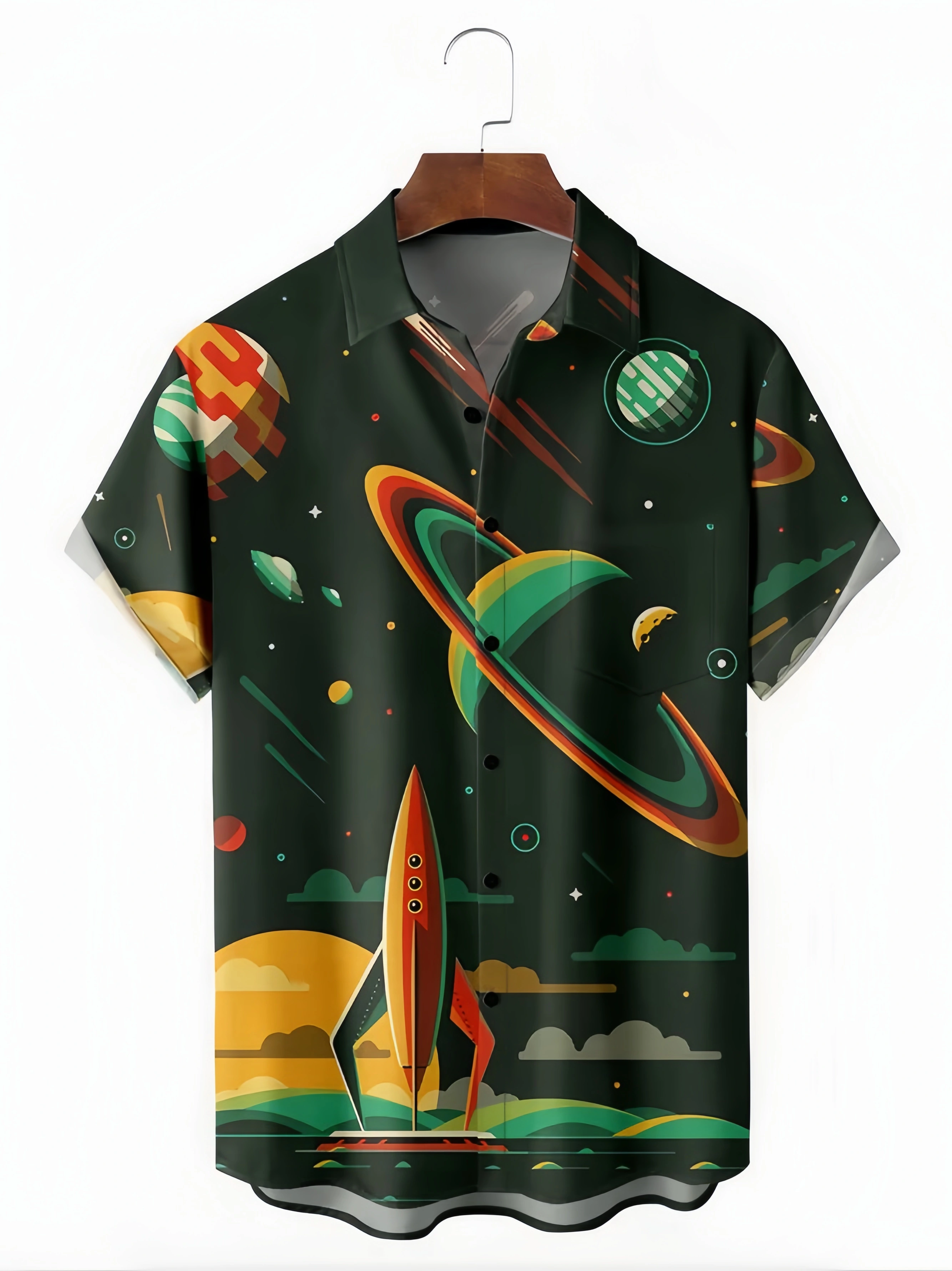 Space Rocket Chest Pocket Short Sleeve Casual Shirt