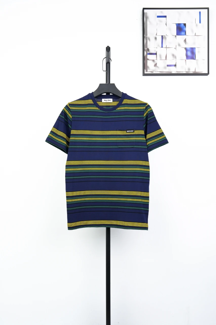 Miu Miu Yellow Green Blue Stripe Crewneck T-Shirt product photo from LabelPicks