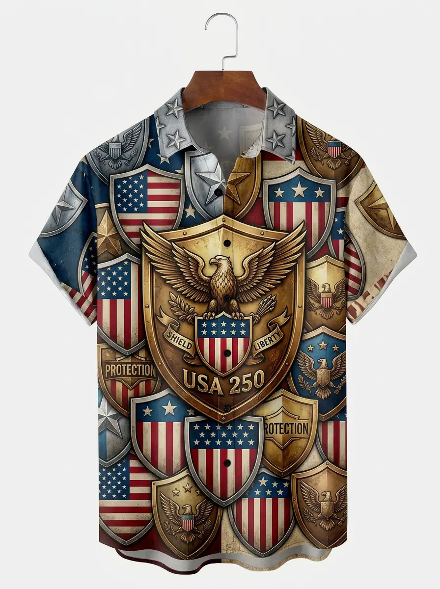Men's printed shirts, USA Shield & Eagle Emblem Patriotic Aloha Shirt