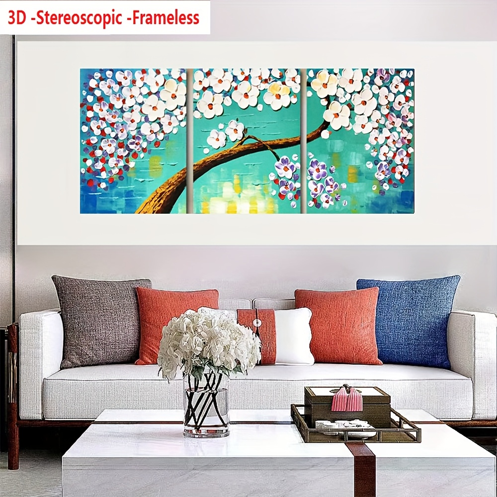 3D Stereoscopic Frameless 3pcs Pure Manual Hand-painted, High-quality Minimalist Wall Decoration Oil Painting (abstract Wealth Tree, White Plum Blossom Flower Texture Lines, Landscape Thick Knife Art Three-dimensional Visual Sense), Modern Wealth