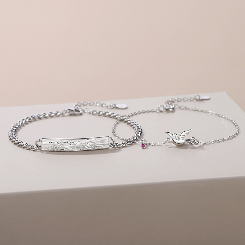 Original Nightingale and Rose Couple Bracelet, a pair of sterling silver bracelets with a unique and stylish design, perfect for both men and women