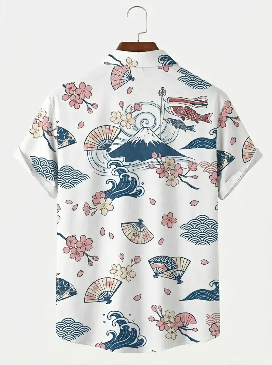 Men's printed shirts Japanese Cherry Blossom Wave Hawaiian Shirt
