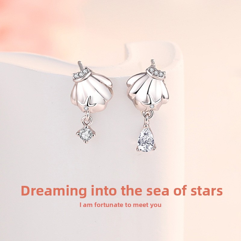 Original Dreamy Starry Sea Earrings, Pure Silver, Fashionable, Cute, Compact Starfish and Shell Earrings, Niche Design Ear Accessories