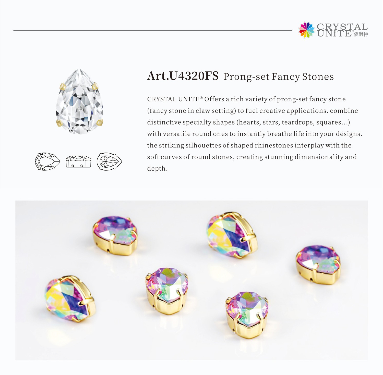 Rhinestones with Metal Setting - drop shape detail