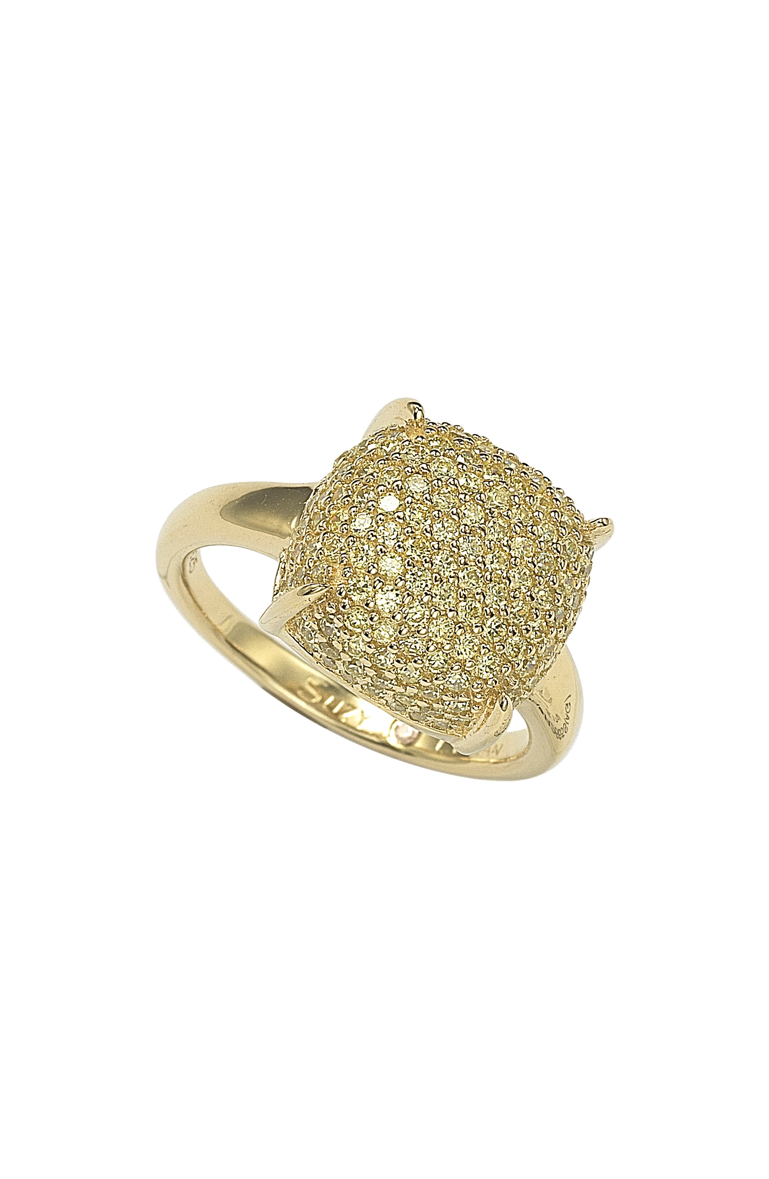 SUZY LEVIAN Yellow-Tone Sterling Silver Prong Set Cushion Shape Pave CZ Ring