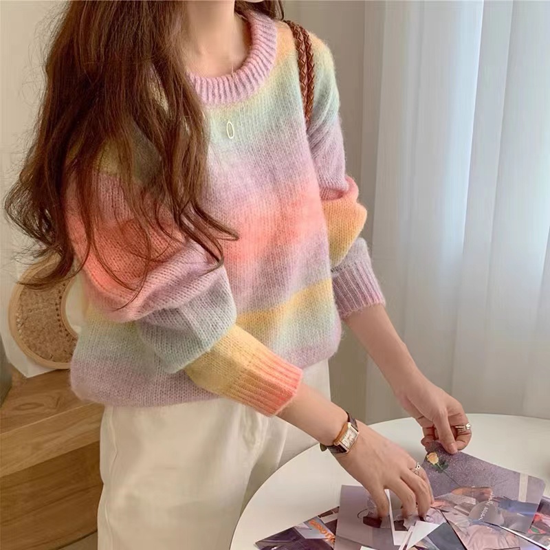 Rainbow Sweater Women's Autumn Crewneck Loose Outerwear Sweet Gradient Mohair Striped Knitted Sweater