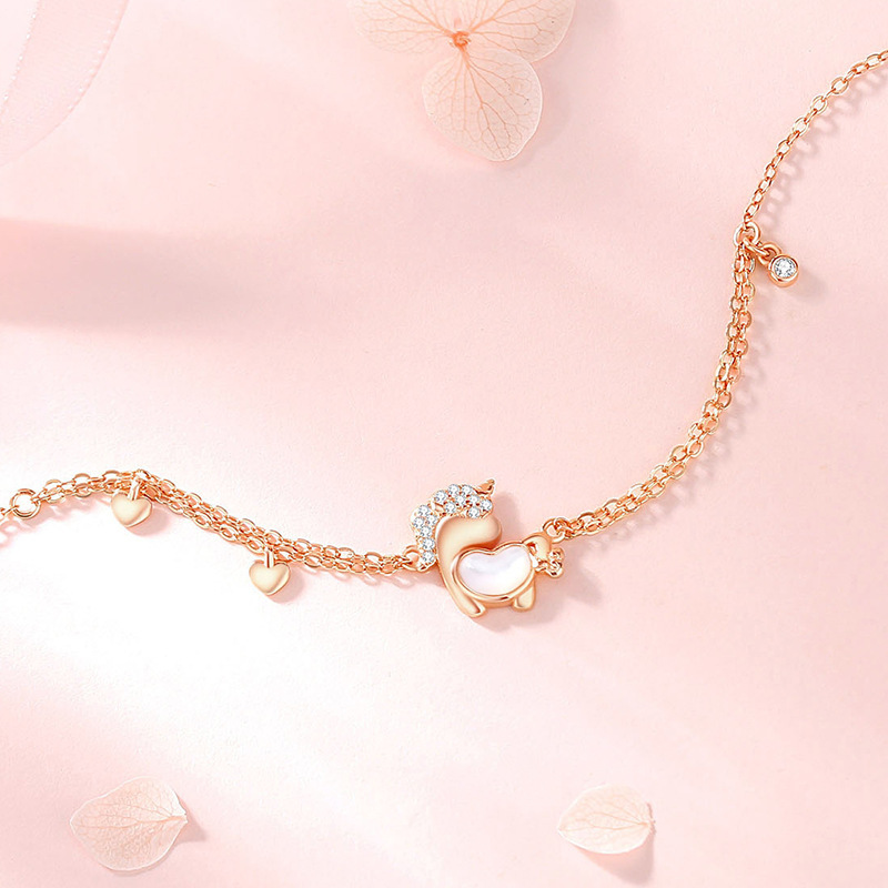 Original design, heart-shaped unicorn bracelet for women, made of sterling silver, Korean style, unique rose gold and mother-of-pearl bracelet, perfect as a gift for girlfriends or friends