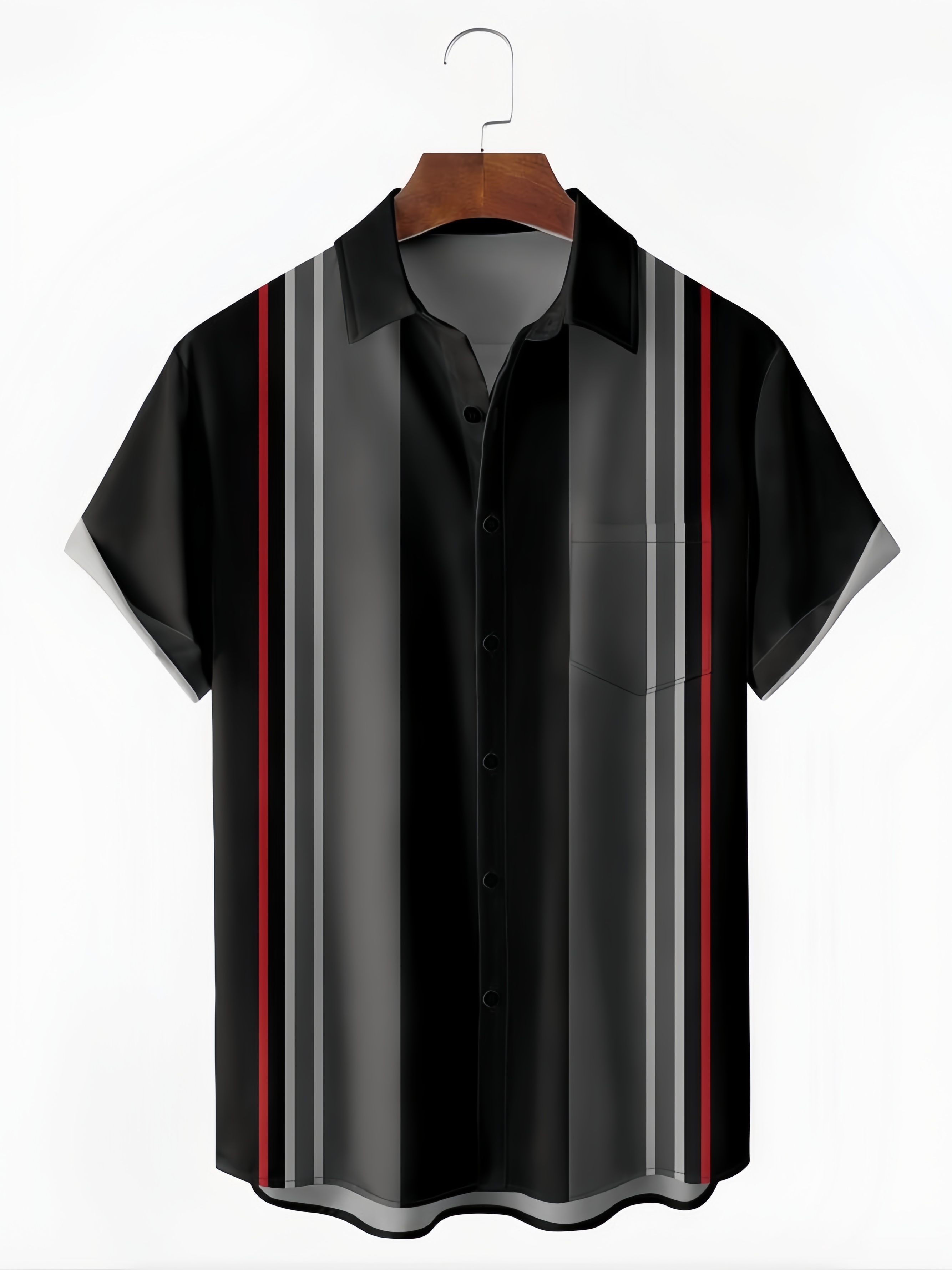 Striped Chest Pocket Short Sleeve Bowling Shirt