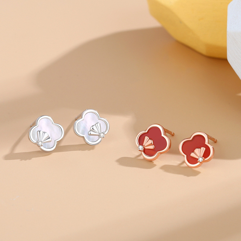 925 sterling silver four-leaf clover small lucky earrings, new Chinese-style original design, silver ginkgo leaf rose gold earrings