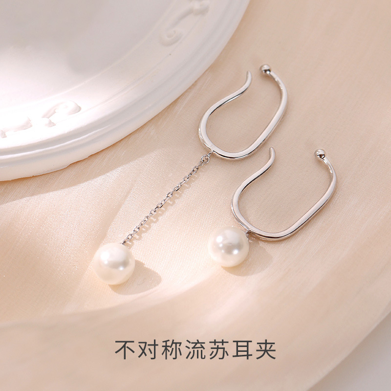 S925 silver asymmetric tassel ear clip with a French vintage feel, painless pearl tassel ear cuff, non-pierced earrings
