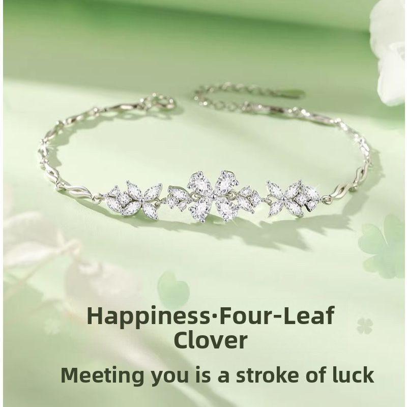 Four-leaf clover 925 sterling silver bracelet, a sweet and delicate butterfly-style bracelet with a summer forest aesthetic, perfect as a unique birthday gift for your girlfriend
