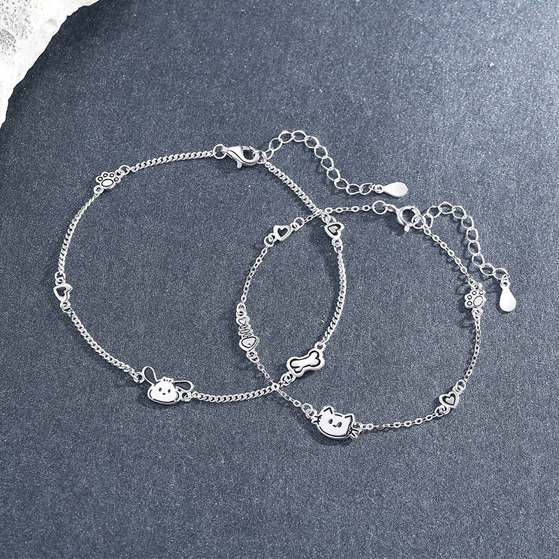 Original cat and dog couple bracelet, sterling silver, featuring a unique cartoon design, cute and charming, perfect for girls, a Valentine's Day gift