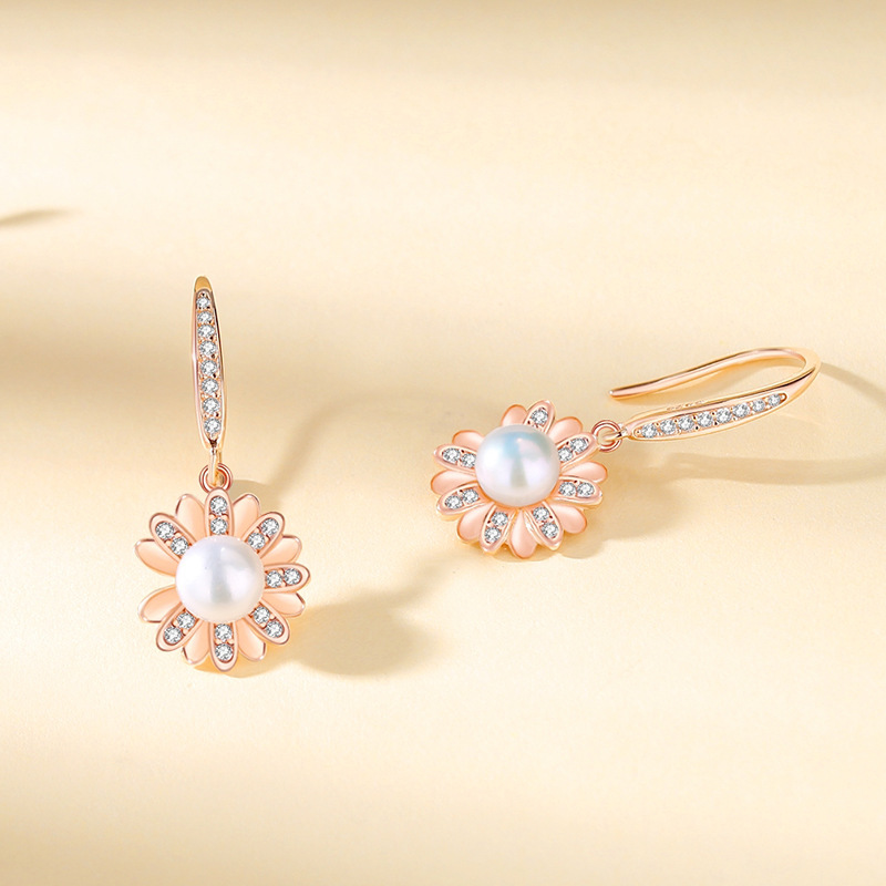 Sunflower pearl earrings for women, versatile, forest-style, fully studded with diamonds, pure silver ear hooks, retro, versatile, rose gold daisy earrings