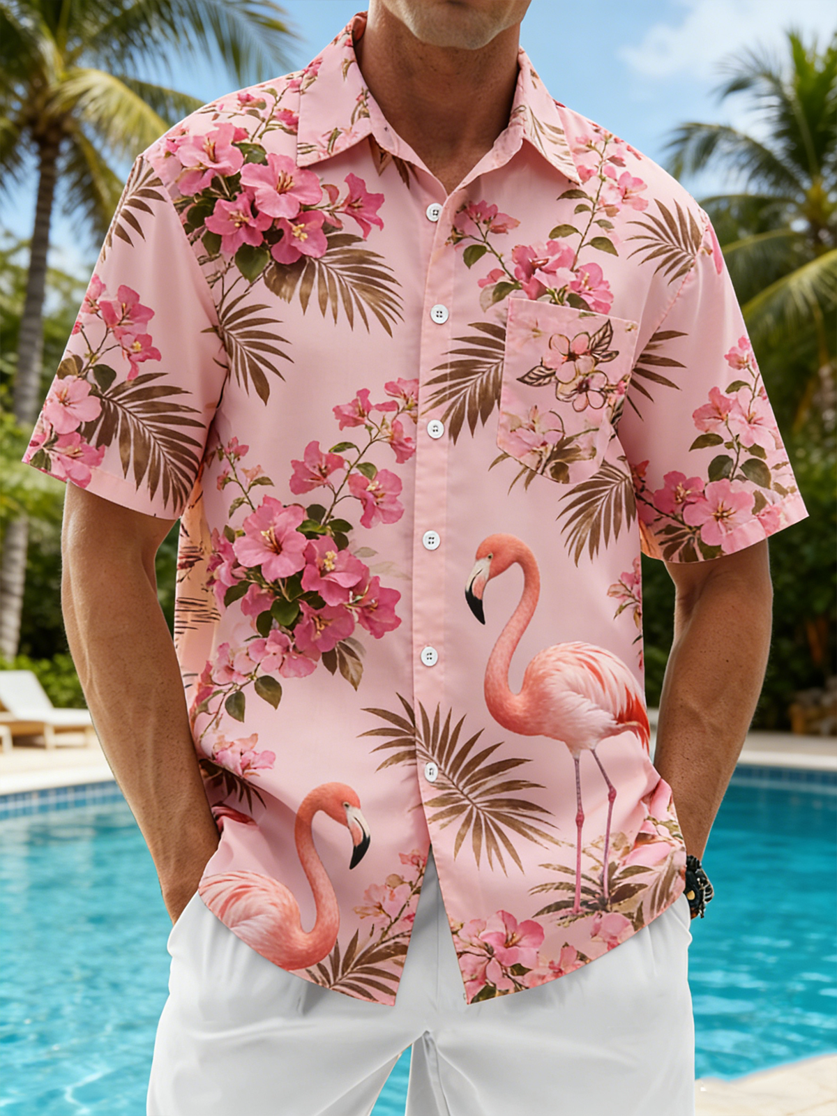 Botanical Floral Flamingo Print with Chest Pocket Holiday Hawaiian Shirt