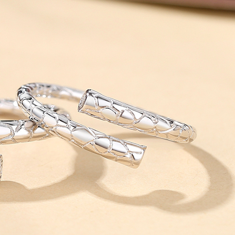 925 sterling silver couple rings, featuring a unique design with a circular geometric snake pattern, and an adjustable open ring style