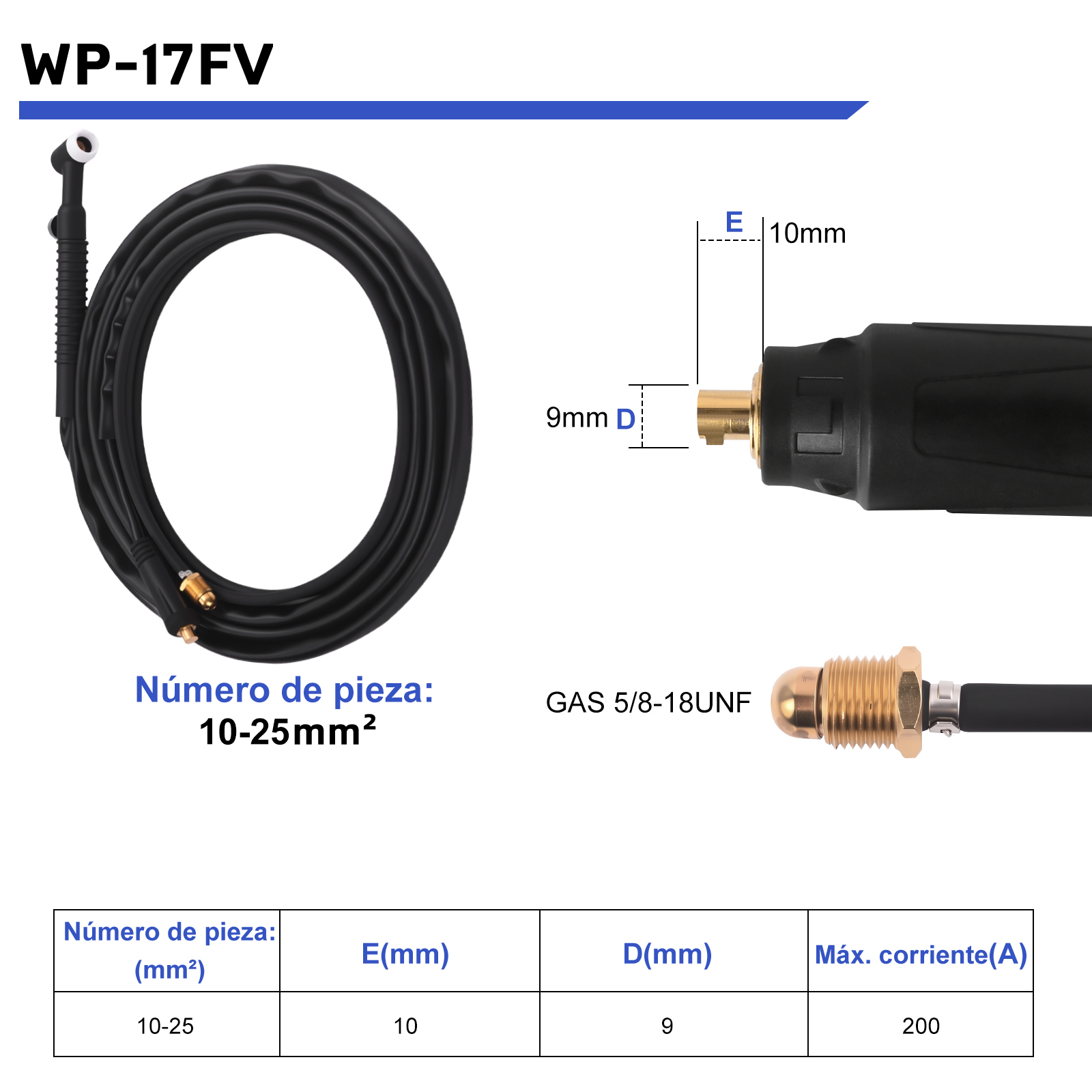 TIG Welding Torch, WP-17FV Argon Air Cooled Lift TIG Torch, 150Amp 10-25mm Connector (WP17V-2025)